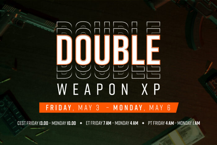 Asset with text, reading "Double Weapon XP, Friday May 3 - Monday May 6". Timezones are listed below; "CEST Friday 13.00 - Monday 10.00, ET Friday 7AM - Monday 4AM, PT Friday 4AM - Monday 1AM"